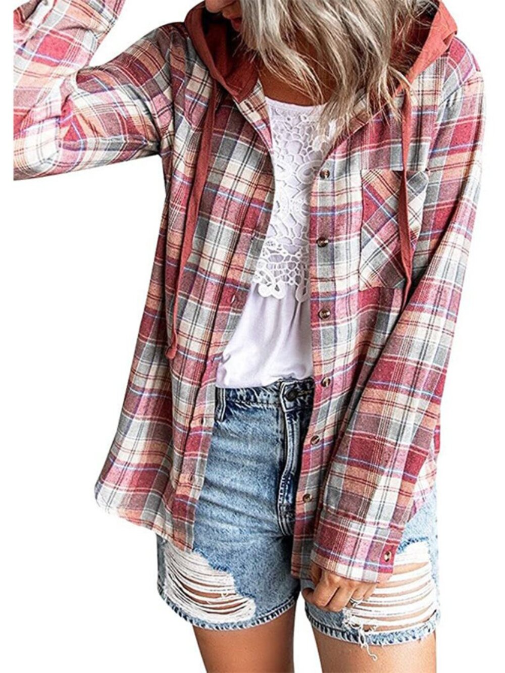 Women's Red Plaid Hooded Pullover Shirt Casual Long Sleeve Top